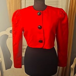Late Edition Designer Red Cropped Blazer, Sz 8, Black Large Buttons